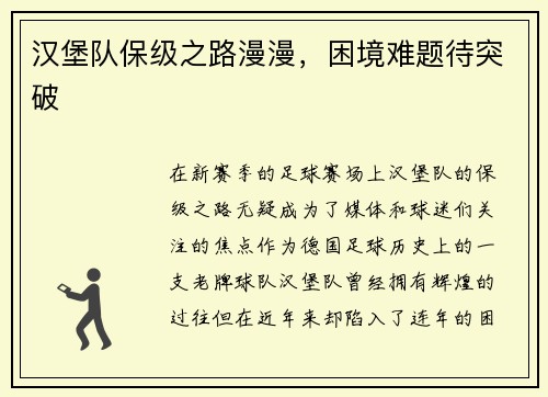 汉堡队保级之路漫漫，困境难题待突破