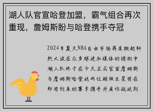 湖人队官宣哈登加盟，霸气组合再次重现，詹姆斯盼与哈登携手夺冠