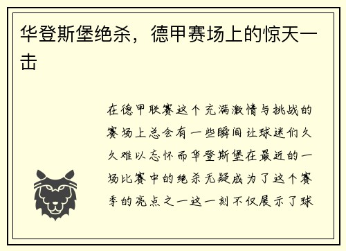 华登斯堡绝杀，德甲赛场上的惊天一击